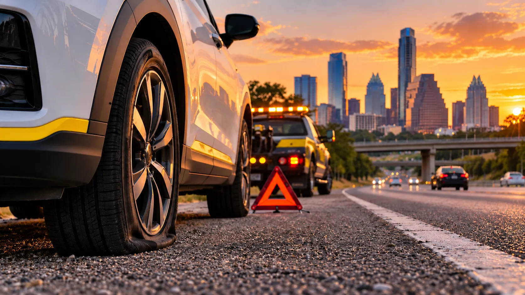 Kwik Roadside Assistance technician helping with a flat tire change in Austin Texas